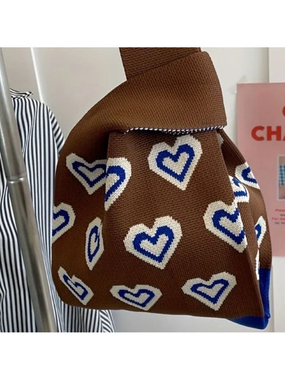 Heavy Woven Knit Heart Pattern Tote Purse Bag Japanese Knot Closure Style - Picture 3 of 6